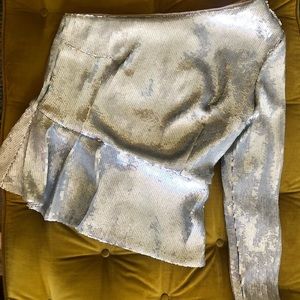 INC One-sleeved silver sparkle top